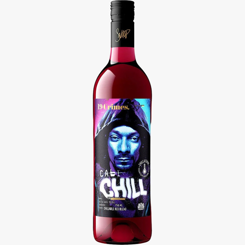 Wine bottle labeled 'Cali Chill' with a colorful label featuring a face and text.