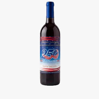 Wine bottle with a patriotic label on a white background