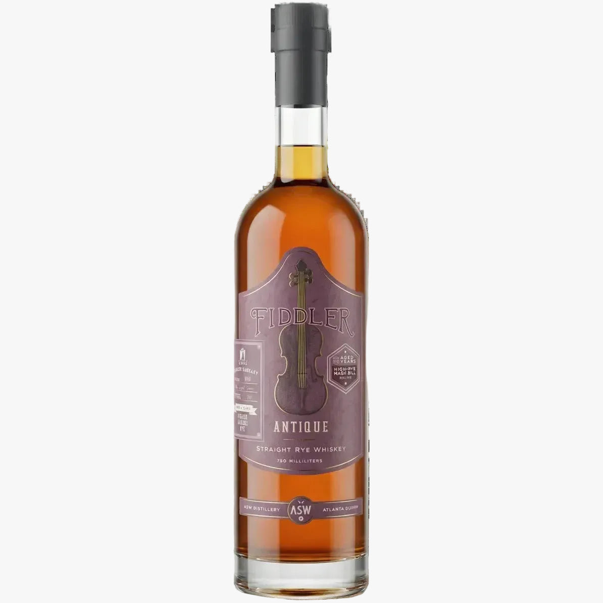 A bottle of Fiddler Antique Straight Rye Whiskey with amber liquid, a dark gray cap, and a purple label featuring a violin graphic, set against a plain white background.