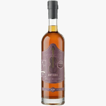 A bottle of Fiddler Antique Straight Rye Whiskey with amber liquid, a dark gray cap, and a purple label featuring a violin graphic, set against a plain white background.