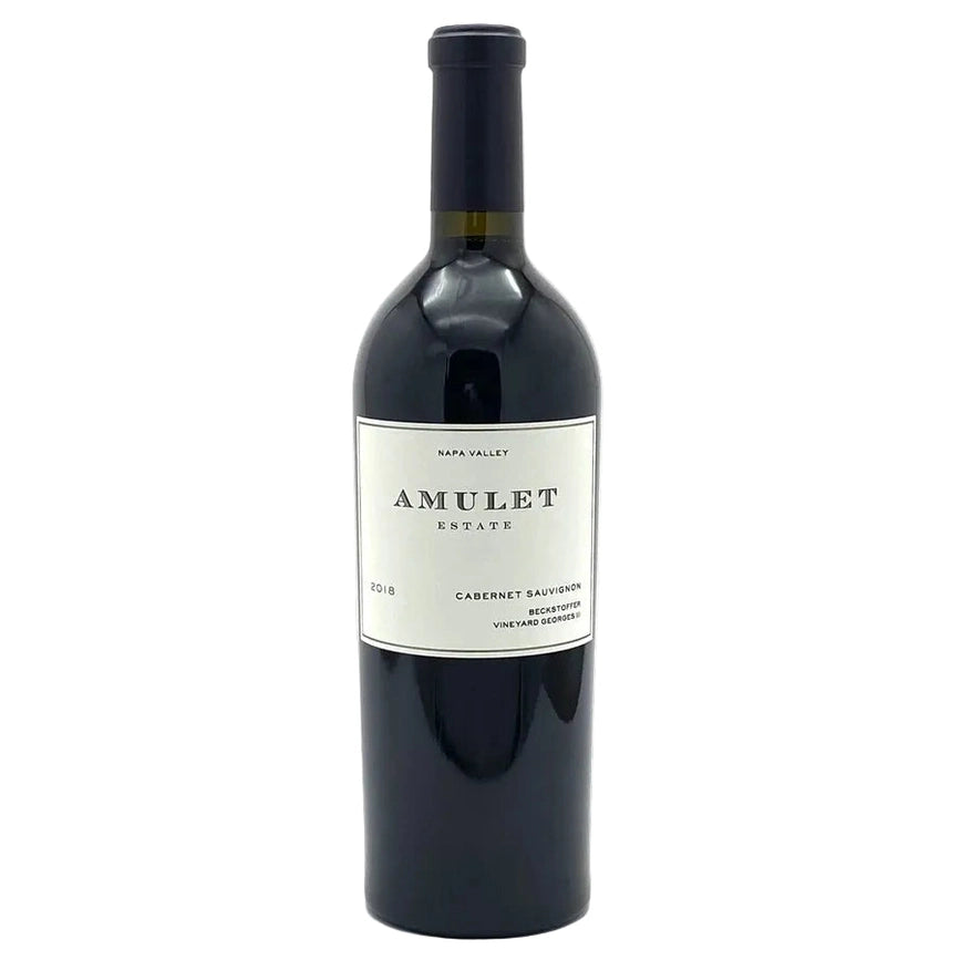 A bottle of Amulet Estate Cabernet Sauvignon from Napa Valley, featuring a dark glass bottle with a black capsule and a white label.