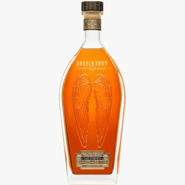 Angels Envy Oak Straight Bourbon Whiskey in a clear glass bottle with a cork stopper, showing the amber liquid and embossed angel wings on a white background.