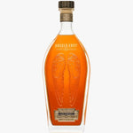 Angels Envy Oak Straight Bourbon Whiskey in a clear glass bottle with a cork stopper, showing the amber liquid and embossed angel wings on a white background.
