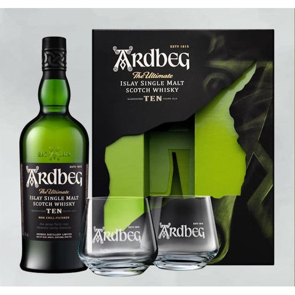 Ardbeg 10Yr Single Malt Scotch  Gift Set w 2 Glasses