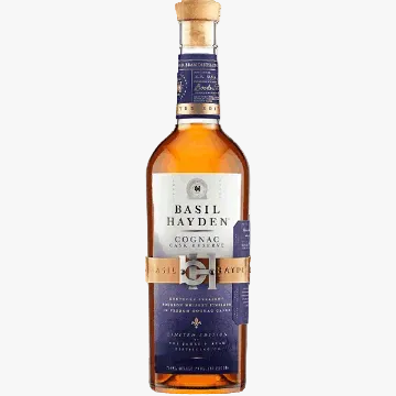 A bottle of Basil Hayden Cognac with a white and navy label, featuring a gold band and a cork stopper, set against a plain white background.
