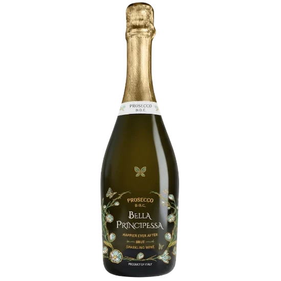 A bottle of Bella Principessa Prosecco Alcoholic, featuring a dark green glass bottle with a gold foil top and a decorative label with gold and white floral details.