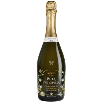 A bottle of Bella Principessa Prosecco Alcoholic, featuring a dark green glass bottle with a gold foil top and a decorative label with gold and white floral details.