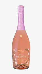 A bottle of Bella Principessa Prosecco Alcol-free sparkling wine with a pink rose and cherry blossom design on the label, featuring a pink foil-wrapped neck, set against a plain white background.