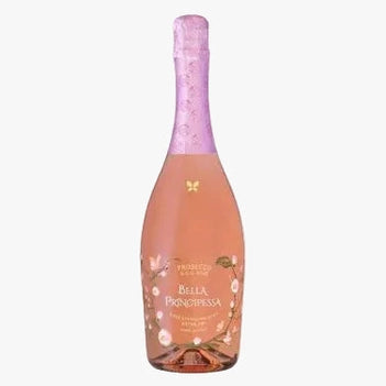 A bottle of Bella Principessa Prosecco Alcol-free sparkling wine with a pink rose and cherry blossom design on the label, featuring a pink foil-wrapped neck, set against a plain white background.