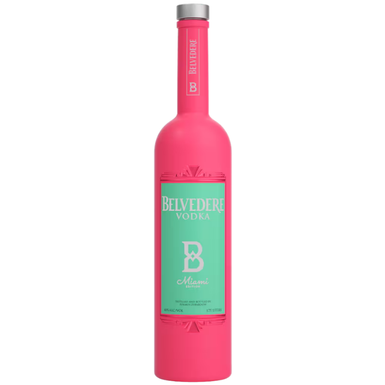 A single bottle of Belvedere Vodka in a vibrant hot pink color, featuring a mint green label with white text and a silver cap, isolated on a white background.