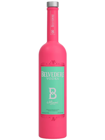 A single bottle of Belvedere Vodka in a vibrant hot pink color, featuring a mint green label with white text and a silver cap, isolated on a white background.