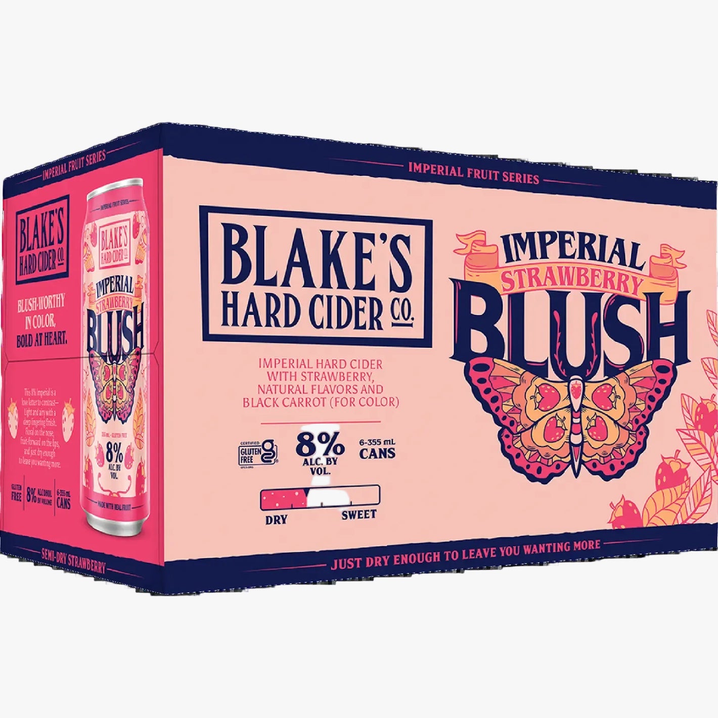 A 6-pack cardboard case of Blake's Hard Cider Co. Imperial Strawberry Blush hard cider, featuring a light pink and navy blue design with a large butterfly graphic and a single can shown on the left side.