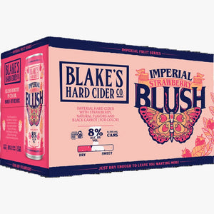A 6-pack cardboard case of Blake's Hard Cider Co. Imperial Strawberry Blush hard cider, featuring a light pink and navy blue design with a large butterfly graphic and a single can shown on the left side.