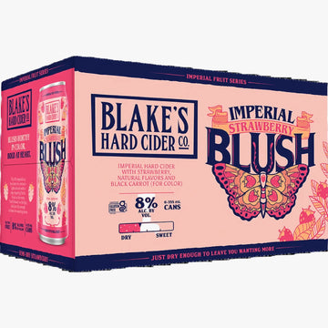 A 6-pack cardboard case of Blake's Hard Cider Co. Imperial Strawberry Blush hard cider, featuring a light pink and navy blue design with a large butterfly graphic and a single can shown on the left side.