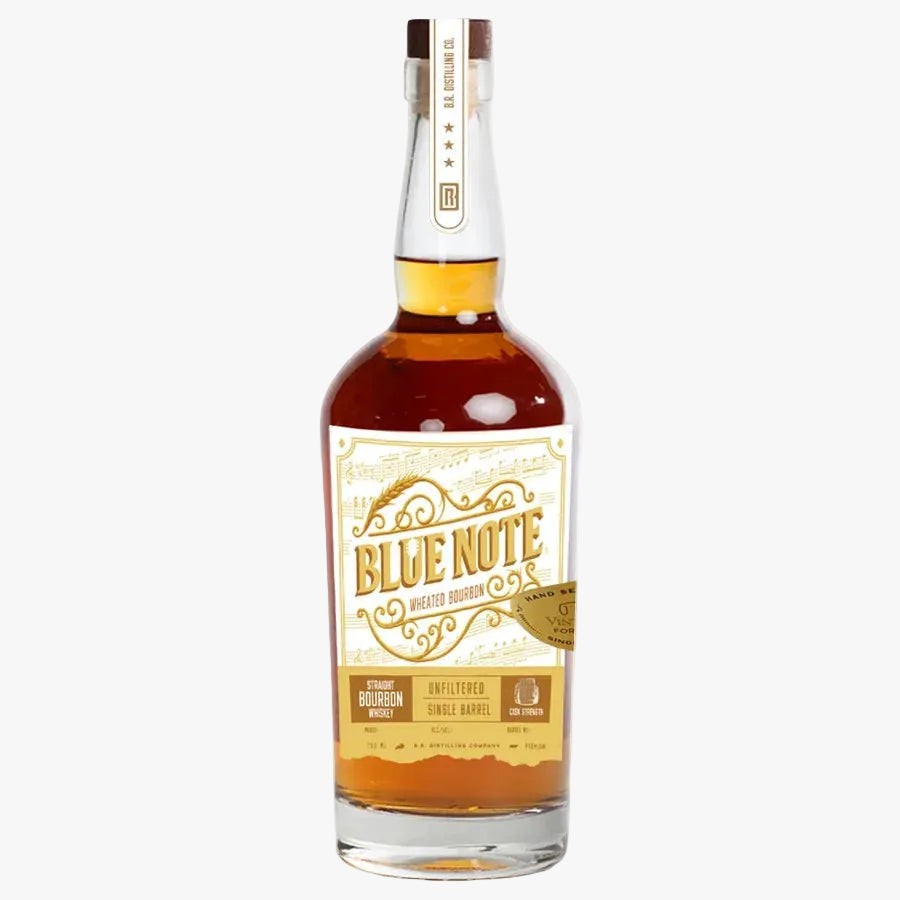 Bottle of Blue Note whiskey on a white background