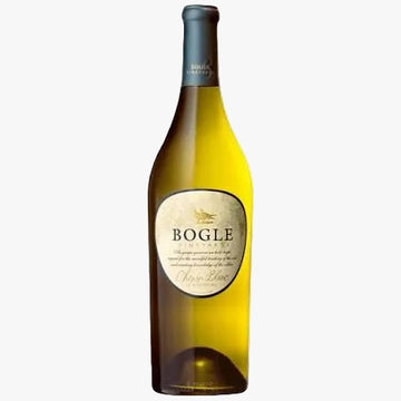 A bottle of Bogle White Blend dry white wine in a dark green glass bottle with a cream-colored oval label and a dark gray capsule, shown on a plain white background.