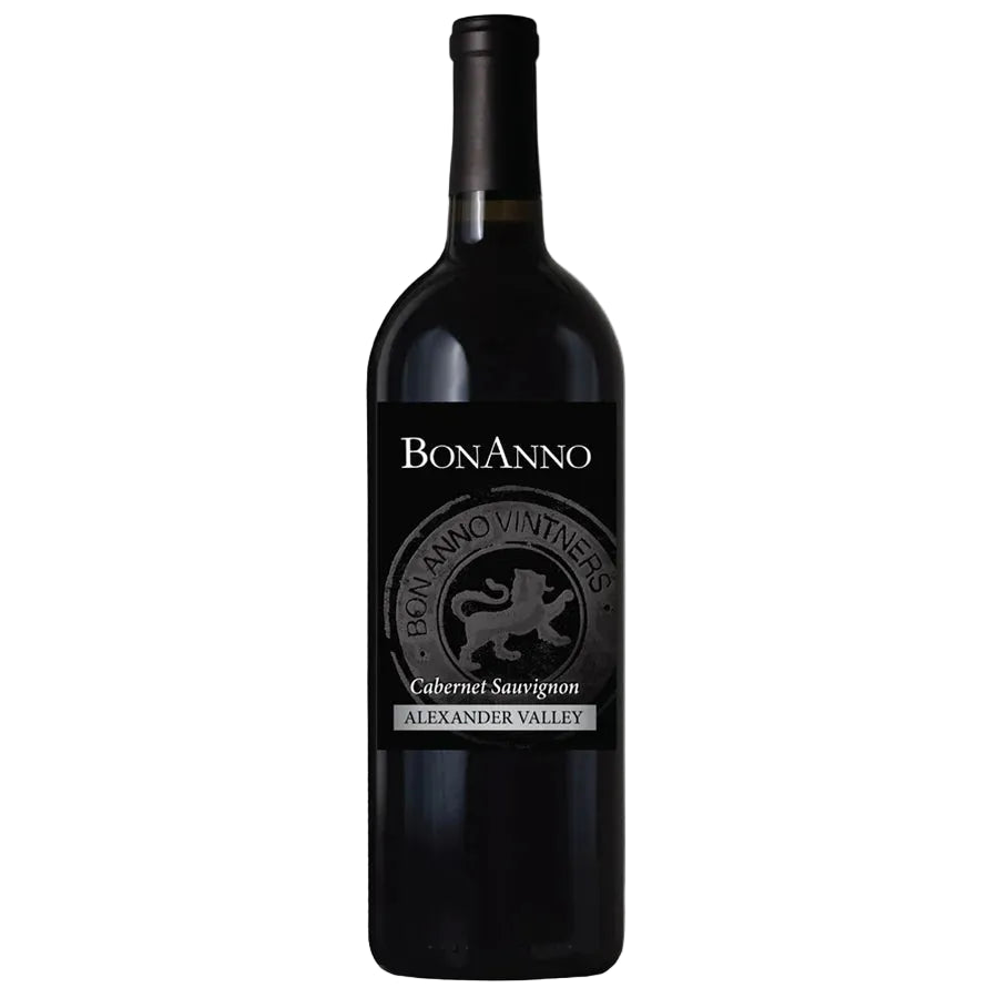 A bottle of Bonanno Cabernet Sauvignon from Alexander Valley, featuring a dark glass bottle with a black label and a black screw cap, set against a plain white background.