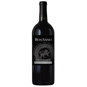 A bottle of Bonanno Cabernet Sauvignon from Alexander Valley, featuring a dark glass bottle with a black label and a black screw cap, set against a plain white background.