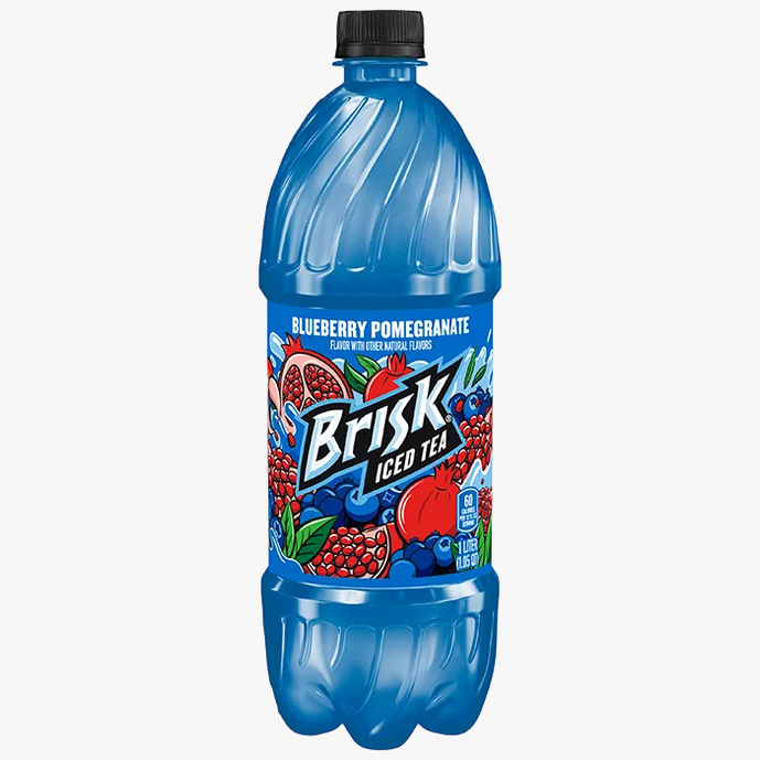 A 16 oz plastic bottle of Brisk Iced Tea in Blueberry Pomegranate flavor, featuring a bright blue bottle with a black cap and a colorful label showing illustrations of blueberries, pomegranate, and tea leaves.