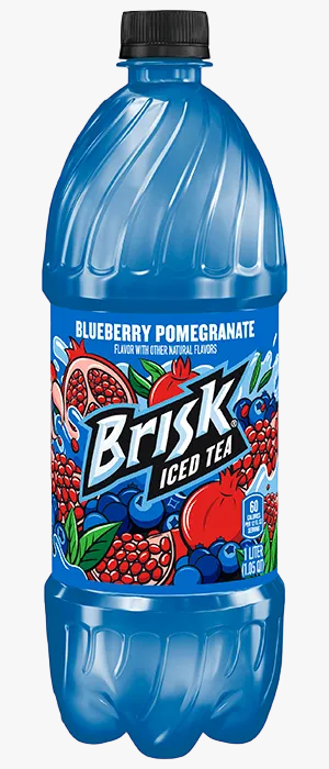A 16 oz plastic bottle of Brisk Iced Tea in Blueberry Pomegranate flavor, featuring a bright blue bottle with a black cap and a colorful label showing illustrations of blueberries, pomegranate, and tea leaves.
