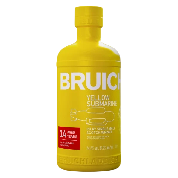 A bottle of Bruich Yellow Submarine 14-year-old single malt Scotch whisky, featuring a bright yellow label and cap with white text and a small red age badge.