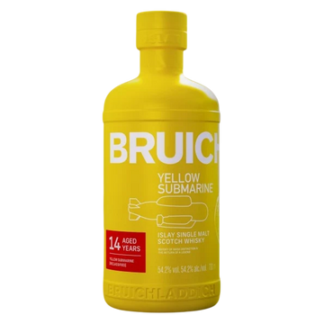 A bottle of Bruich Yellow Submarine 14-year-old single malt Scotch whisky, featuring a bright yellow label and cap with white text and a small red age badge.