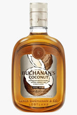 A bottle of Buchanan's Coconut spirit drink by James Buchanan &amp; Co., featuring a clear glass bottle filled with amber liquid, a white cap, and a label with a coconut illustration.