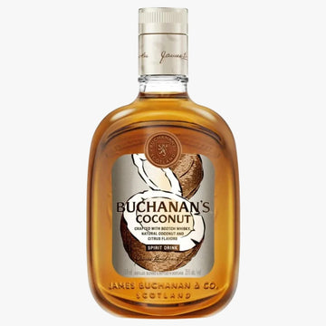 A bottle of Buchanan's Coconut spirit drink by James Buchanan & Co., featuring a clear glass bottle filled with amber liquid, a white cap, and a label with a coconut illustration.