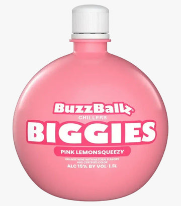Pink bottle of BuzzBallz Biggies with a white cap on a white background