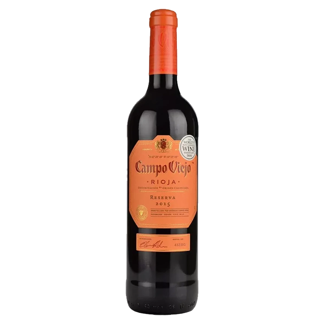 A bottle of Campo Viejo Rioja Reserva 2015 red wine, featuring a dark glass bottle with a bright orange neck wrap and a matching orange label, set against a plain white background.