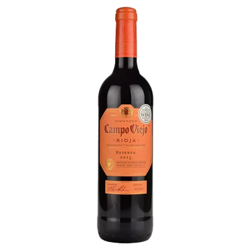 A bottle of Campo Viejo Rioja Reserva 2015 red wine, featuring a dark glass bottle with a bright orange neck wrap and a matching orange label, set against a plain white background.