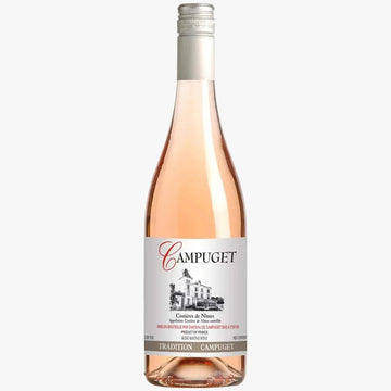 A bottle of Campuget Tradition Rosé wine with a white label and silver cap, shown against a plain white background.