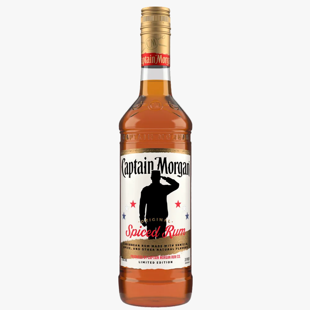 A bottle of Captain Morgan Spiced Rum on a white background with a circular callout that says 'SELECT STATES ONLY'.