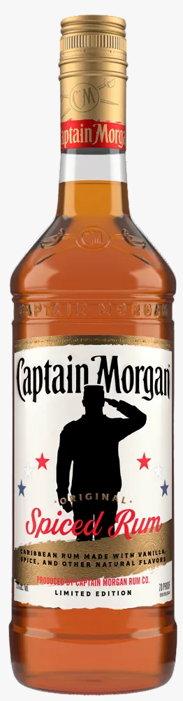 A bottle of Captain Morgan Spiced Rum on a white background with a circular callout that says 'SELECT STATES ONLY'.