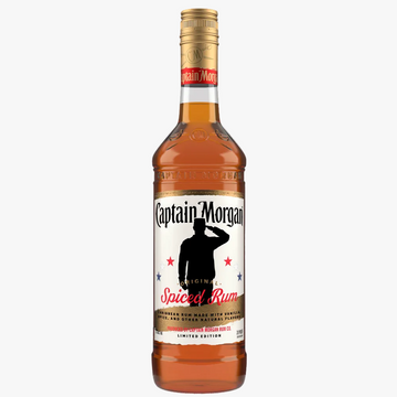 A bottle of Captain Morgan Spiced Rum on a white background with a circular callout that says 'SELECT STATES ONLY'.