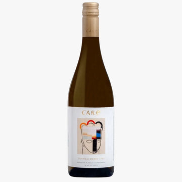 Wine bottle with a colorful label on a white background