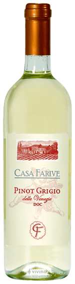 A bottle of Casa Farive Pinot Grigio della Vigne DOC white wine, featuring a pale yellowish-white liquid, a cream-colored label with red graphics, and a metallic copper-colored foil capsule on the neck.