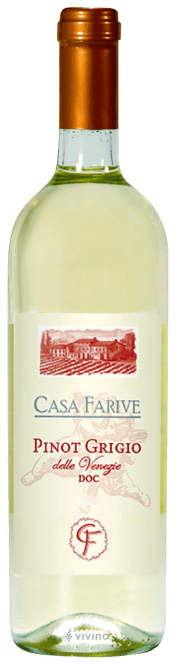 A bottle of Casa Farive Pinot Grigio della Vigne DOC white wine, featuring a pale yellowish-white liquid, a cream-colored label with red graphics, and a metallic copper-colored foil capsule on the neck.