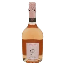 A bottle of Rosé Champagne with pale pinkish-amber liquid, a white label, and a pink foil top, isolated on a white background.
