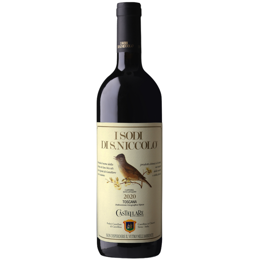 A bottle of Castellare 'I Sodi di S. Niccolo' 2020 Tuscan red wine, featuring a cream-colored label with a brown bird illustration and a black cap, isolated on a white background.