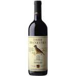 A bottle of Castellare 'I Sodi di S. Niccolo' 2020 Tuscan red wine, featuring a cream-colored label with a brown bird illustration and a black cap, isolated on a white background.