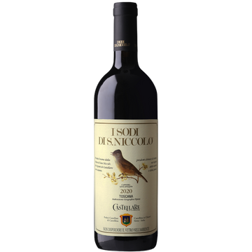 A bottle of Castellare 'I Sodi di S. Niccolo' 2020 Tuscan red wine, featuring a cream-colored label with a brown bird illustration and a black cap, isolated on a white background.