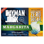 Front of a Cayman Jack Zero Sugar Margarita beverage box, showing large white brand text, a dark blue and green label, a yellow side panel with 'Zero Sugar' and '100 Calories,' plus a margarita glass illustration with lime and agave.