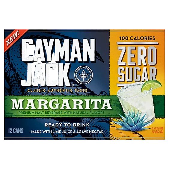 Front of a Cayman Jack Zero Sugar Margarita beverage box, showing large white brand text, a dark blue and green label, a yellow side panel with 'Zero Sugar' and '100 Calories,' plus a margarita glass illustration with lime and agave.