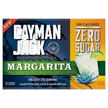Front of a Cayman Jack Zero Sugar Margarita beverage box, showing large white brand text, a dark blue and green label, a yellow side panel with 'Zero Sugar' and '100 Calories,' plus a margarita glass illustration with lime and agave.