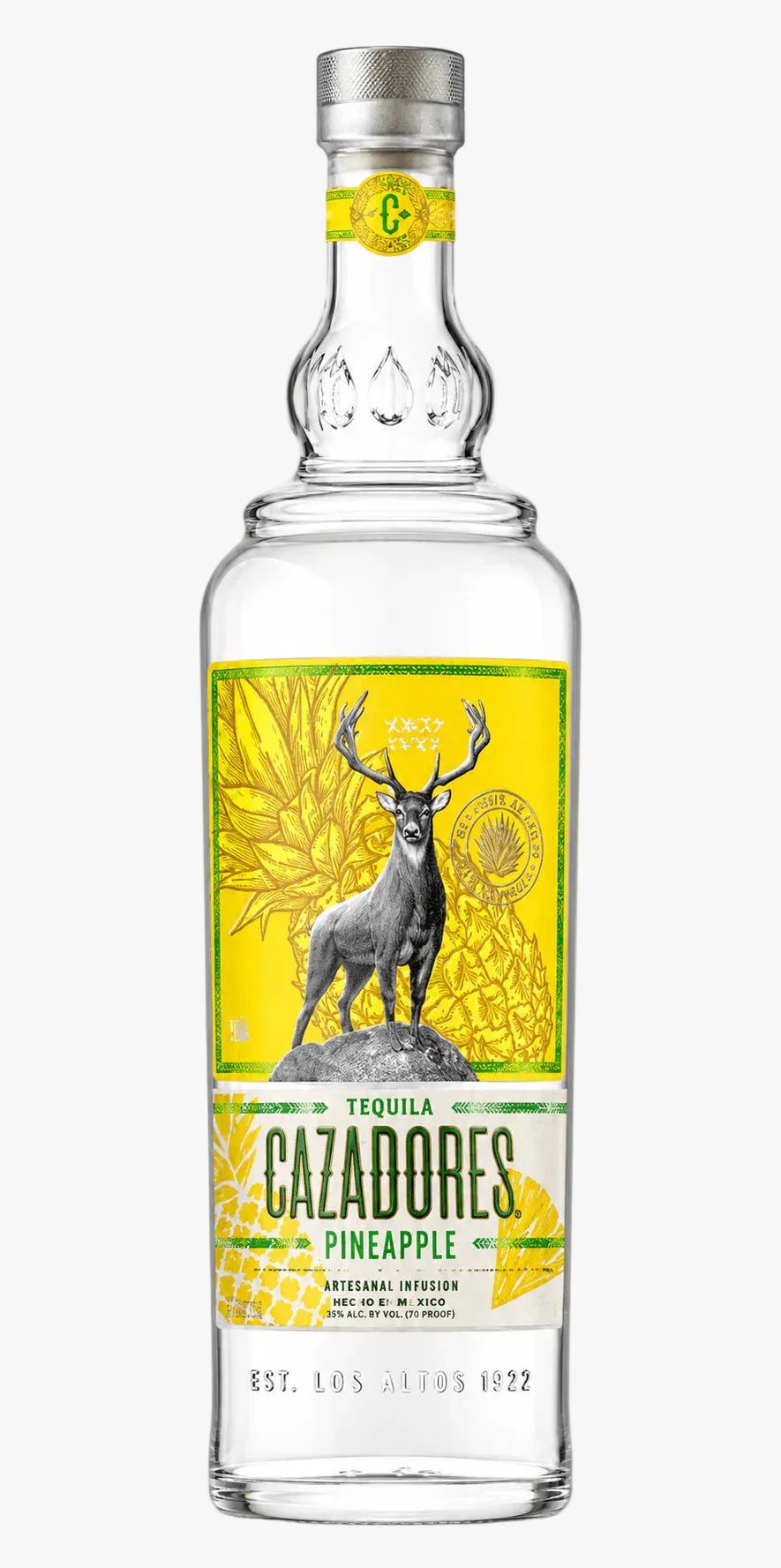 Cazadores Pineapple tequila bottle with a deer illustration on a yellow background