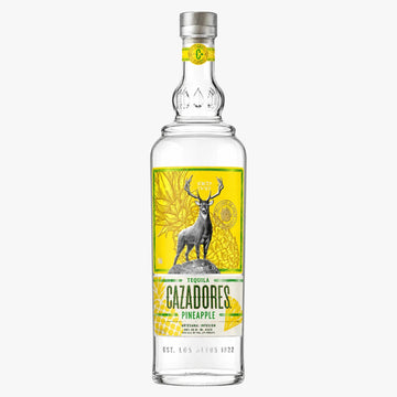 Cazadores Pineapple tequila bottle with a deer illustration on a yellow background