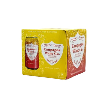 A six-pack cardboard box of Campagne Wine Co. Peach Hibiscus Soda, featuring a bright yellow and red design with a clear window showing a single can inside.