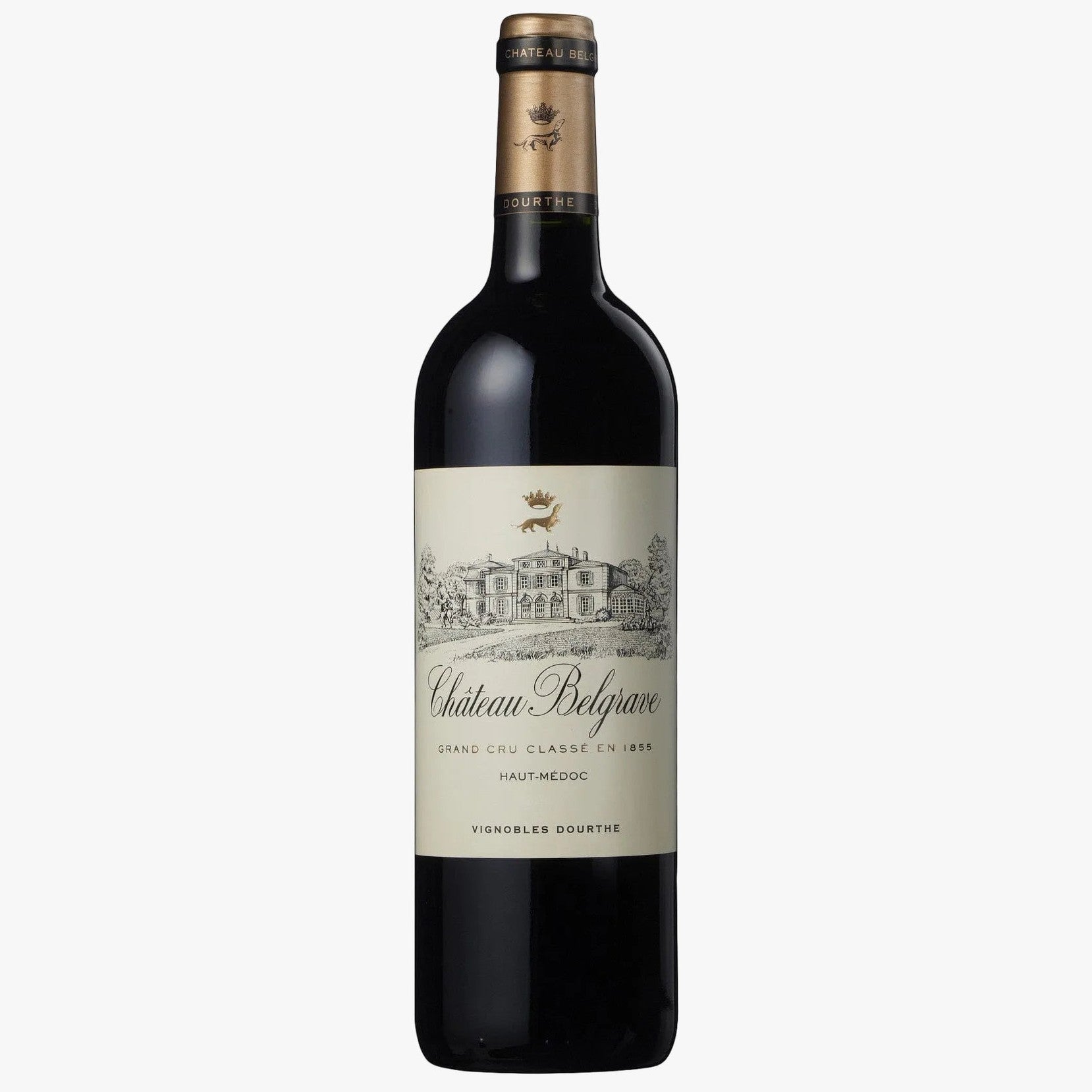 Bottle of Chateau Belgrave wine with a label on a white background