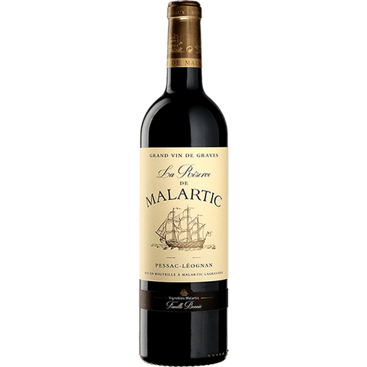 Bottle of La Reserve de Malartic wine with ship illustration on label